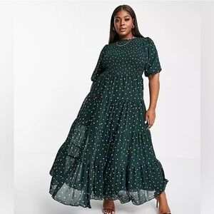 Asos Curve Womens Plus Sz 24 Green White Polka Dot Tiered Smocked Maxi Dress